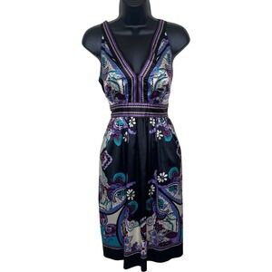 Vintage Dressbarn Satin Dress Womens 8 Black Purple Teal Paisley Print Y2K Fairy